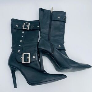 Harley Davidson Black Leather Buckle Accent Stiletto Heel Boots 7.5